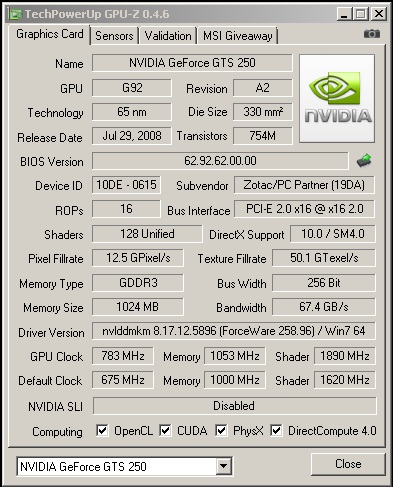 Ampliar Foto Tarjeta gráfica Nvidia Zotac GTS250 Eco Edition