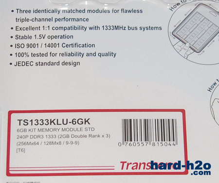 Ampliar Foto Memoria RAM DDR3 Transcend 3x2GB PC3-10600